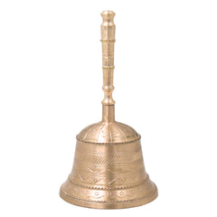 Bronze Handmade Pooja Bell, Traditional Temple Ghanti, Ganta, Mani, Ganti For Aarti & Rituals With Carving, Gold, 7 Inch, 1 Piece