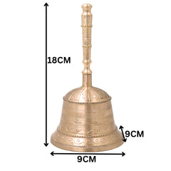 Bronze Handmade Pooja Bell, Traditional Temple Ghanti, Ganta, Mani, Ganti For Aarti & Rituals With Carving, Gold, 7 Inch, 1 Piece
