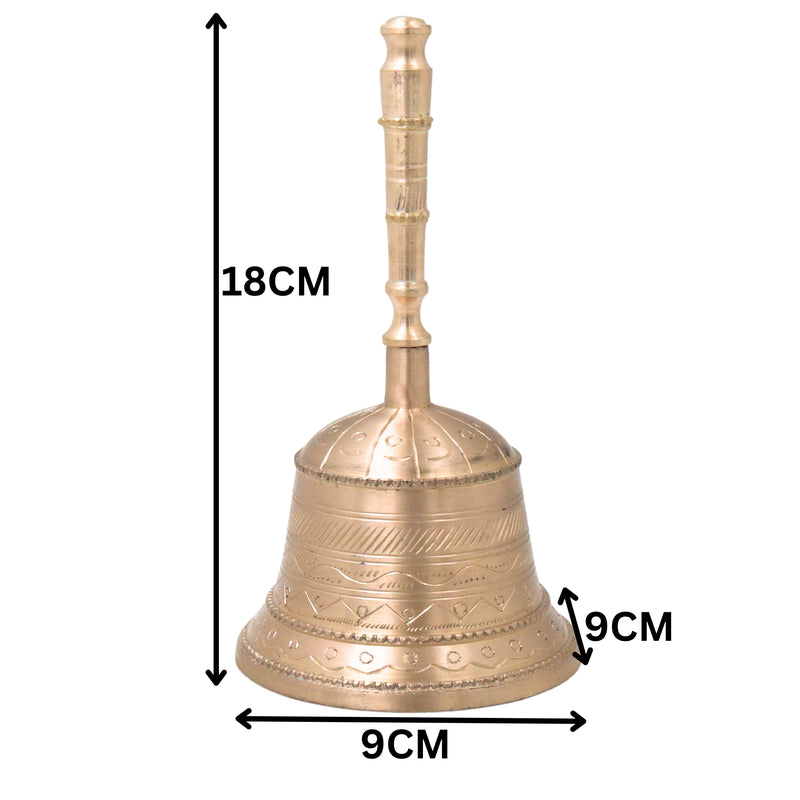 Bronze Handmade Pooja Bell, Traditional Temple Ghanti, Ganta, Mani, Ganti For Aarti & Rituals With Carving, Gold, 7 Inch, 1 Piece
