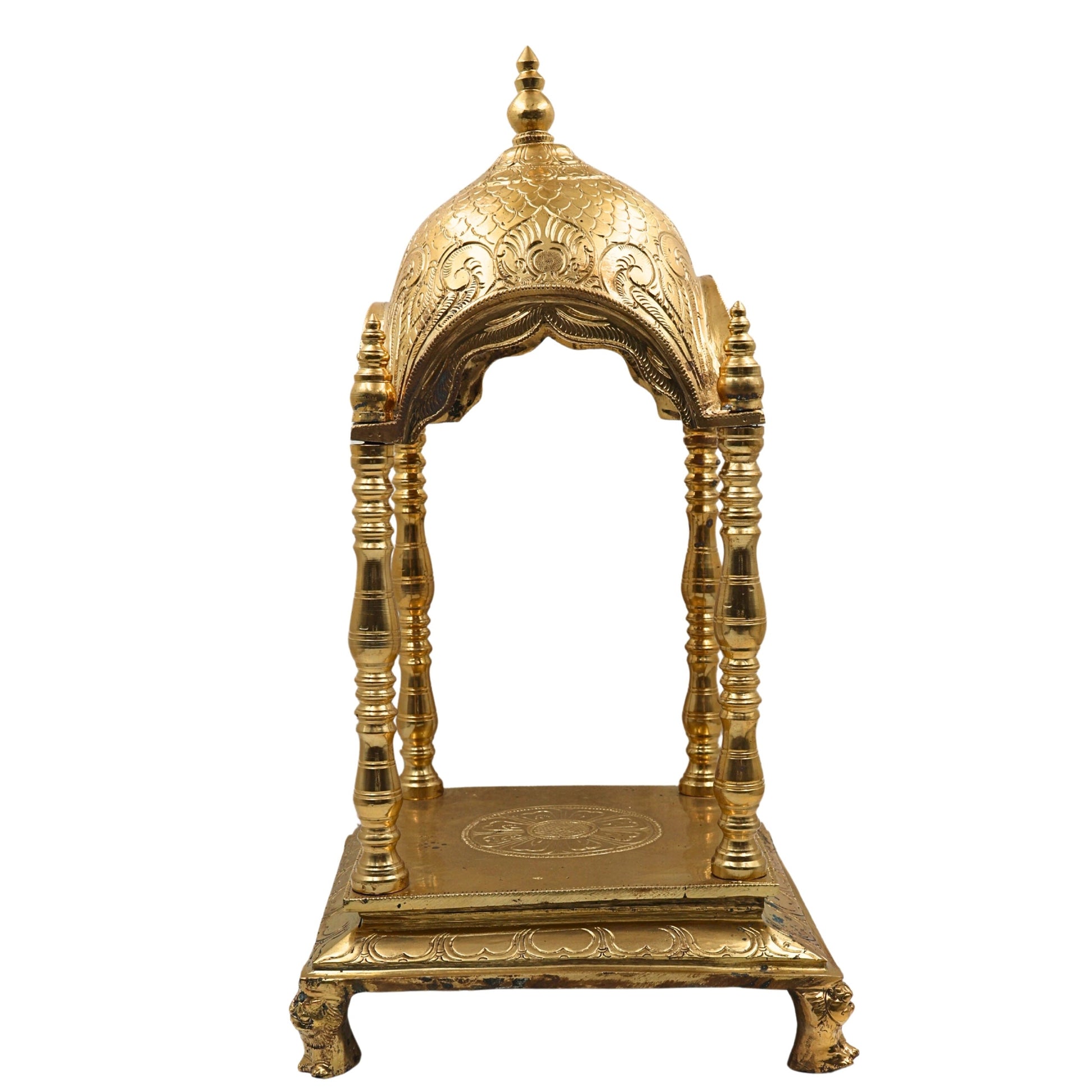 Bronze Handmade Pooja Mandir, Panchaloha Temple Stand With Prabhavali Peetha, Singhasan Chowki, Traditional Mandap For Home & Temple, Gold, 17.5 Inch, 1 Piece
