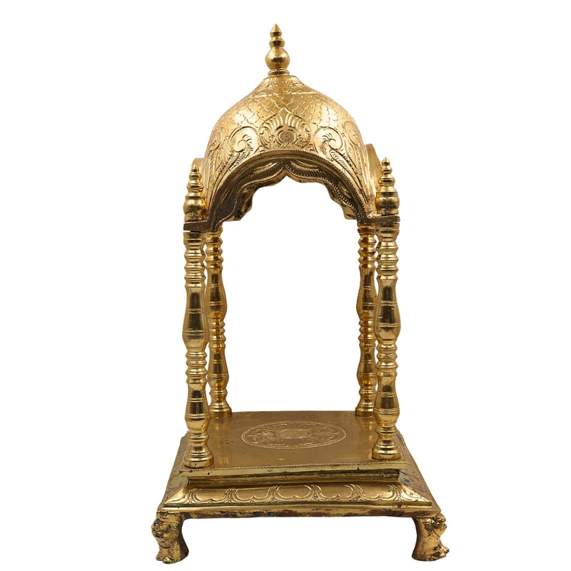 Bronze Handmade Pooja Mandir, Panchaloha Temple Stand With Prabhavali Peetha, Singhasan Chowki, Traditional Mandap For Home & Temple, Gold, 17.5 Inch, 1 Piece