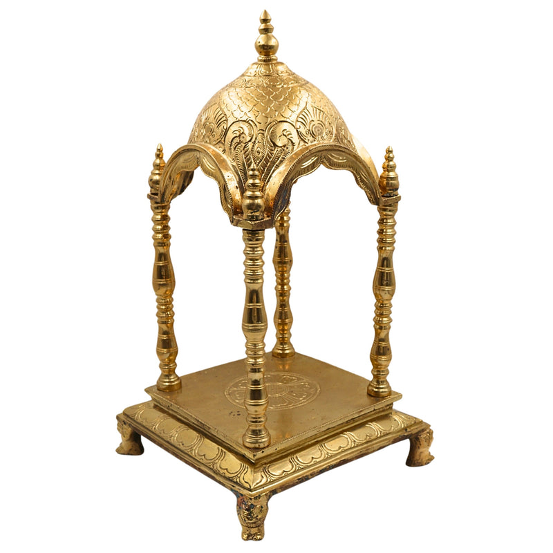 Bronze Handmade Pooja Mandir, Panchaloha Temple Stand With Prabhavali Peetha, Singhasan Chowki, Traditional Mandap For Home & Temple, Gold, 17.5 Inch, 1 Piece