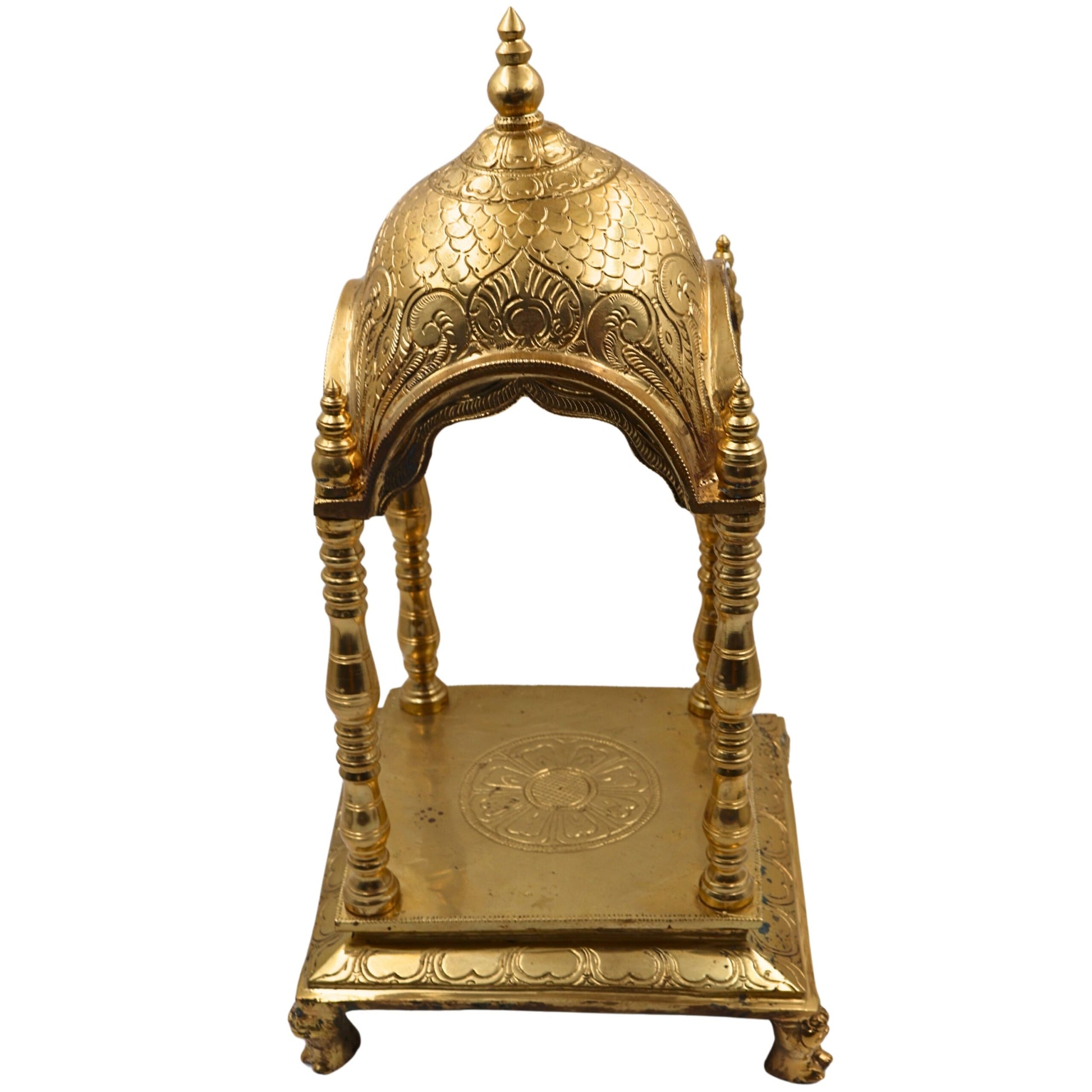 Bronze Handmade Pooja Mandir, Panchaloha Temple Stand With Prabhavali Peetha, Singhasan Chowki, Traditional Mandap For Home & Temple, Gold, 17.5 Inch, 1 Piece