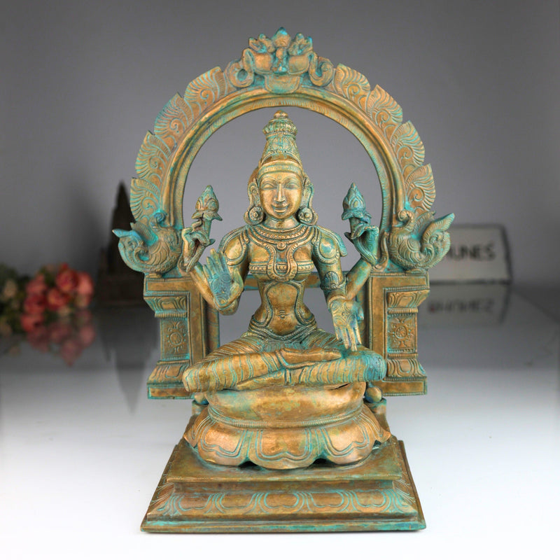 Bronze Handcrafted Panchaloha Lakshmi Idol | South Indian Mahalakshmi Murti for Temple, Pooja & Home Decor, Brown, 13 Inch, 1 Piece