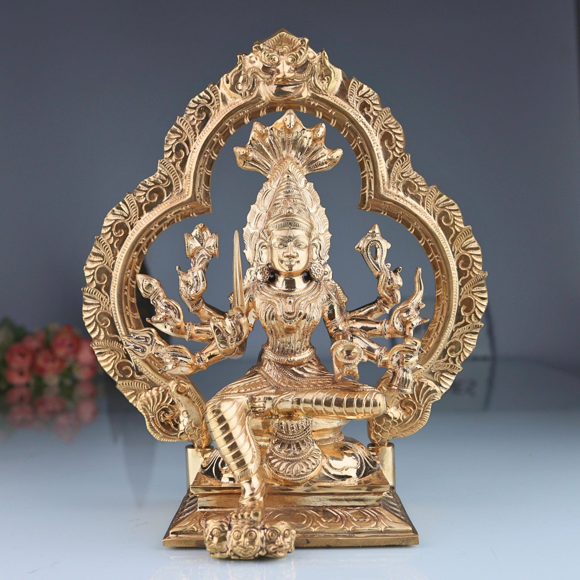 Bronze Handcrafted 8-Hand Mariamman Idol in Chola Art – Panchaloha Karumariamman | Ashta Bhuja Durga Devi Statue for Home Temple & Pooja, Gold, 10.5 Inch, 1 Piece