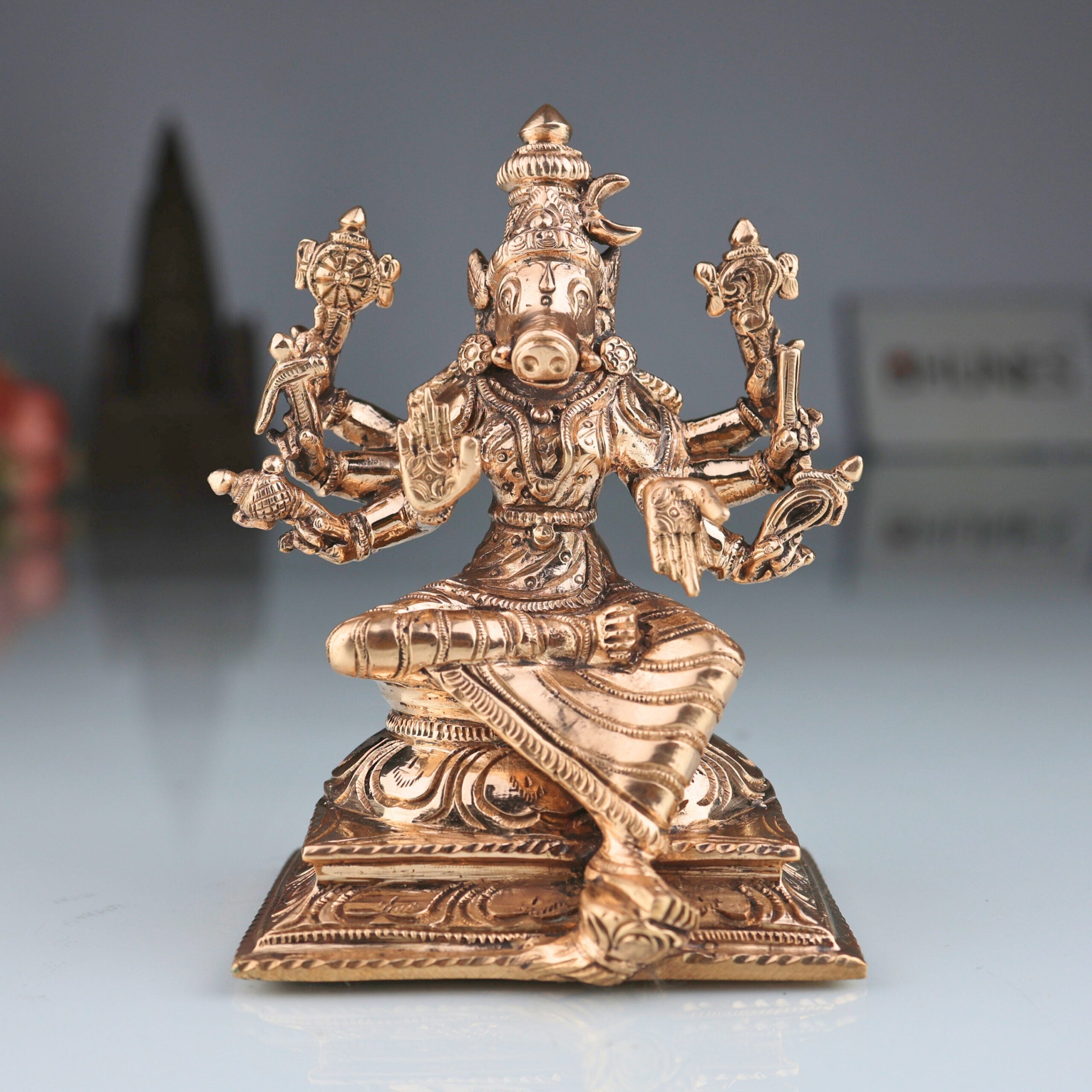 Bronze Handcrafted Varahi Devi Idol,  Panchaloha South Indian Chola Art Barahi Amman Sculpture for Pooja & Temple Decor, Gold, 5 Inch, 1 Piece