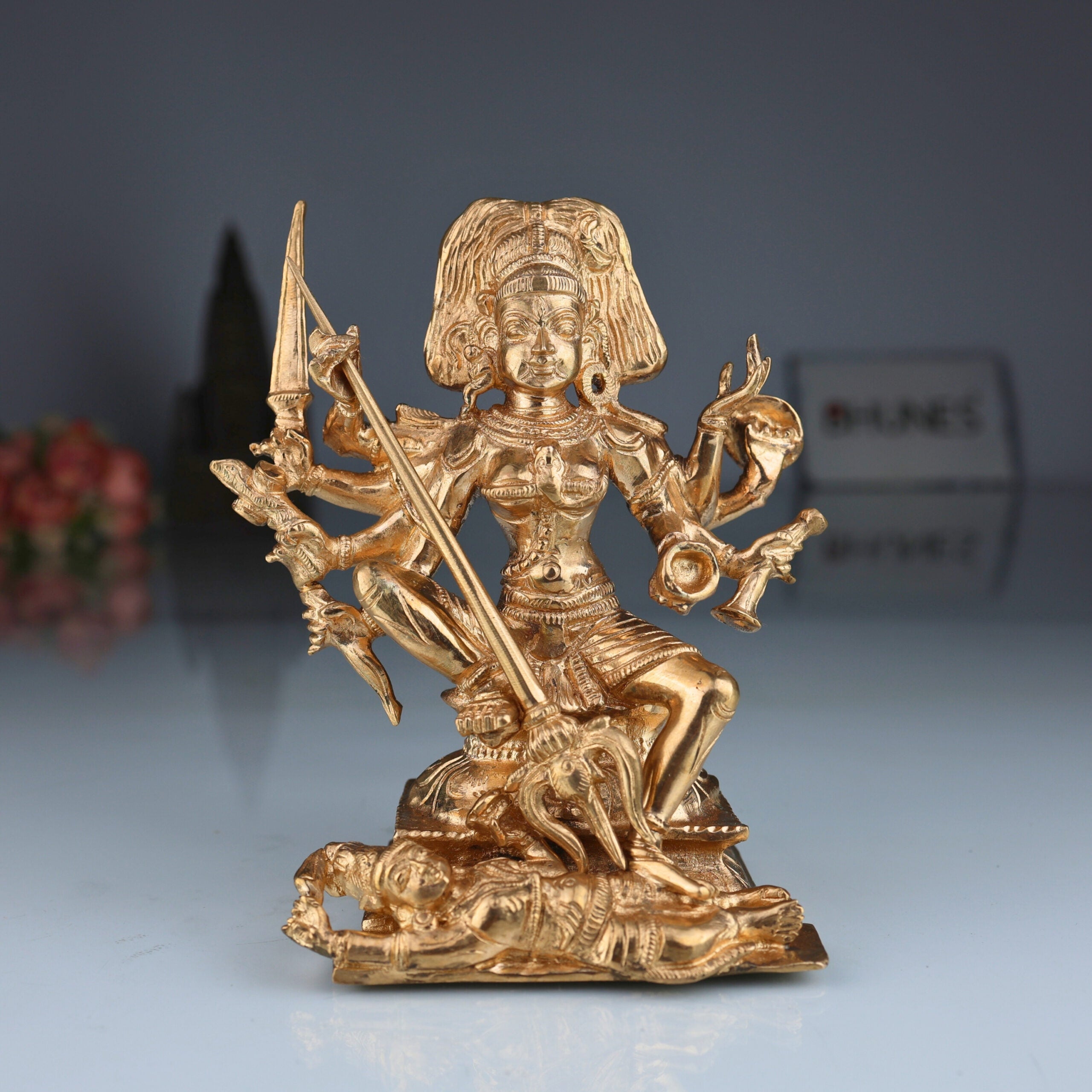 Bronze Handmade Kali Idol in Panchaloha Mahishasura Mardini Devi Statue for Pooja, Temple & Home Decor, South Indian Chola Art Durga Sculpture, Gold, 6.5 Inch, 1 Piece