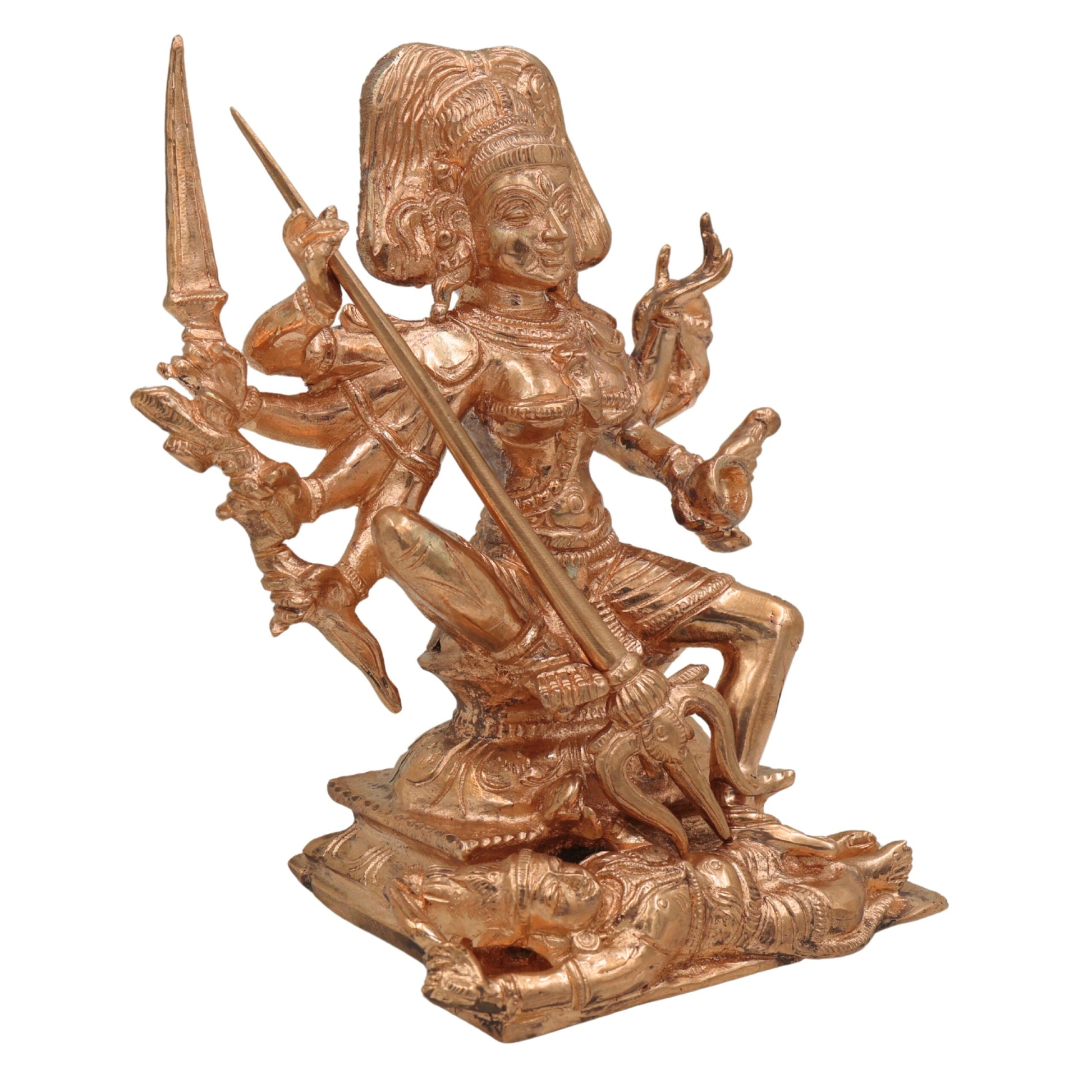 Bronze Handmade Kali Idol in Panchaloha Mahishasura Mardini Devi Statue for Pooja, Temple & Home Decor, South Indian Chola Art Durga Sculpture, Gold, 6.5 Inch, 1 Piece