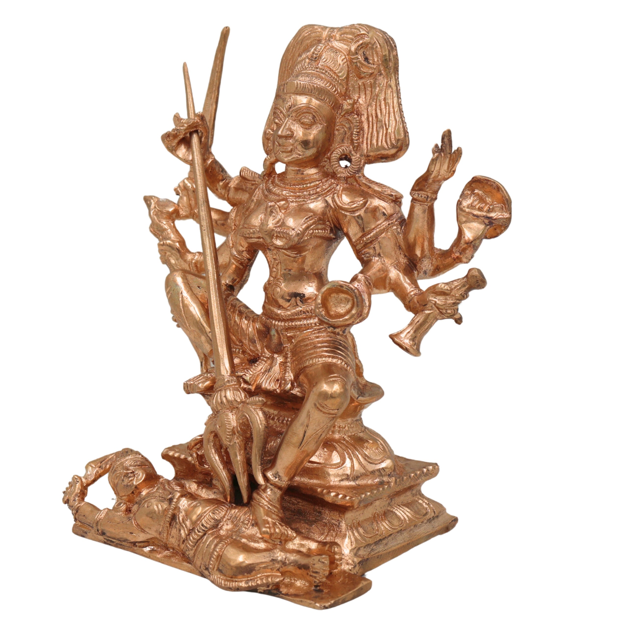 Bronze Handmade Kali Idol in Panchaloha Mahishasura Mardini Devi Statue for Pooja, Temple & Home Decor, South Indian Chola Art Durga Sculpture, Gold, 6.5 Inch, 1 Piece