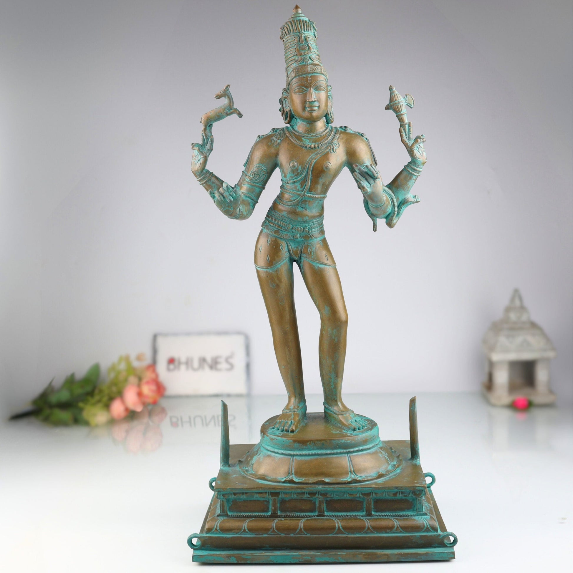 South Handmade Indian Chola Bronze Shiva Idol in Panchaloha – Traditional Lord Mahadev Murti for Home & Temple, Brown, 22.5 Inch, 1 Piece