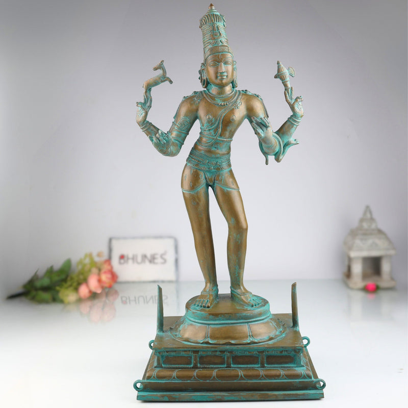 South Handmade Indian Chola Bronze Shiva Idol in Panchaloha – Traditional Lord Mahadev Murti for Home & Temple, Brown, 22.5 Inch, 1 Piece