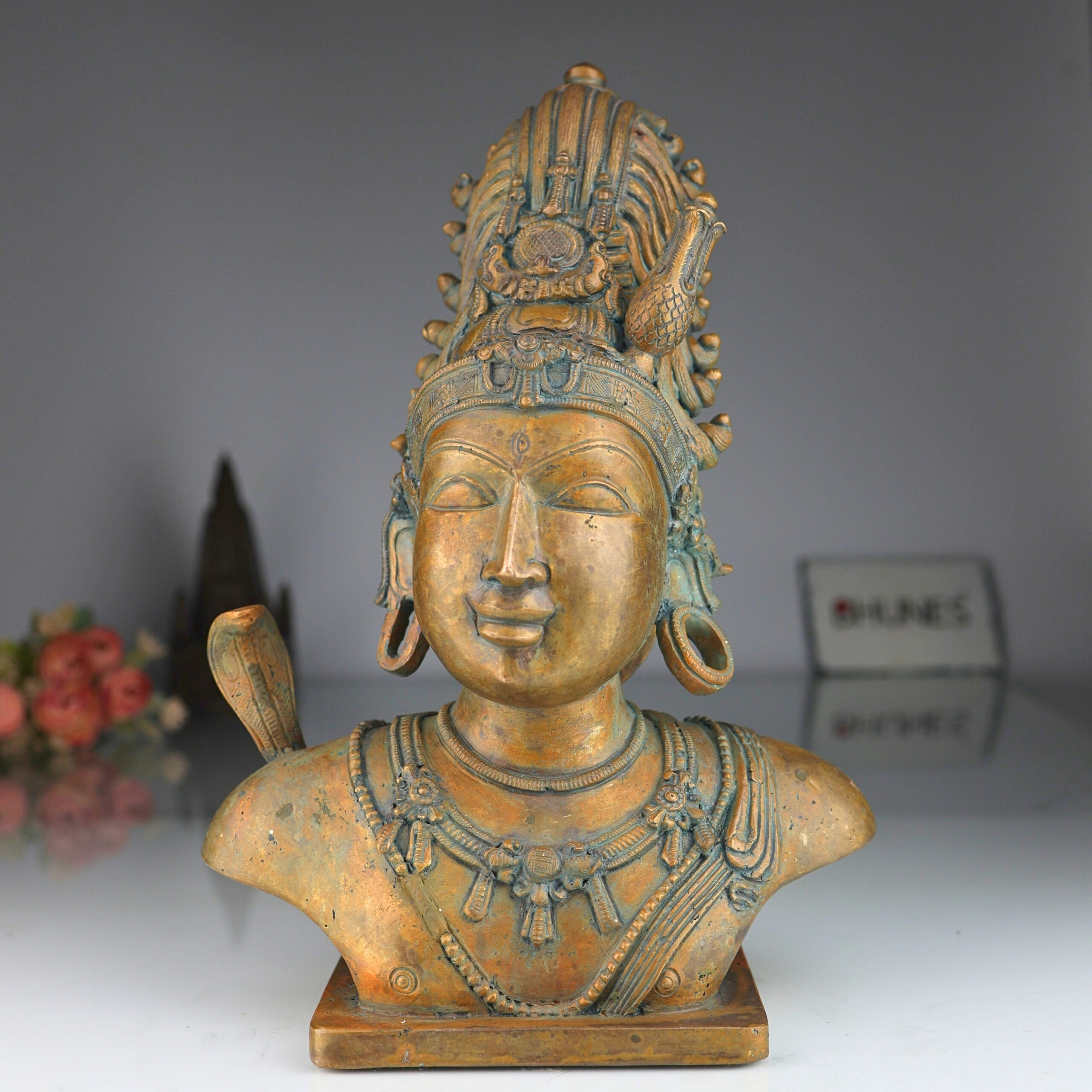 Bronze Handcrafted Panchaloha Shiva Head Idol | Chola Art Mahadev Murti | South Indian Pital Shiva Face Sculpture for Home & Temple, Brown, 13 Inch, 1 Piece