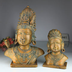 Bronze Handcrafted Shiva Gouri Head Idol | Panchaloha Chola Art Sculpture | Traditional Shiv Parvati Face for Temple & Home Décor, Brown, 13 Inch, 1 Piece