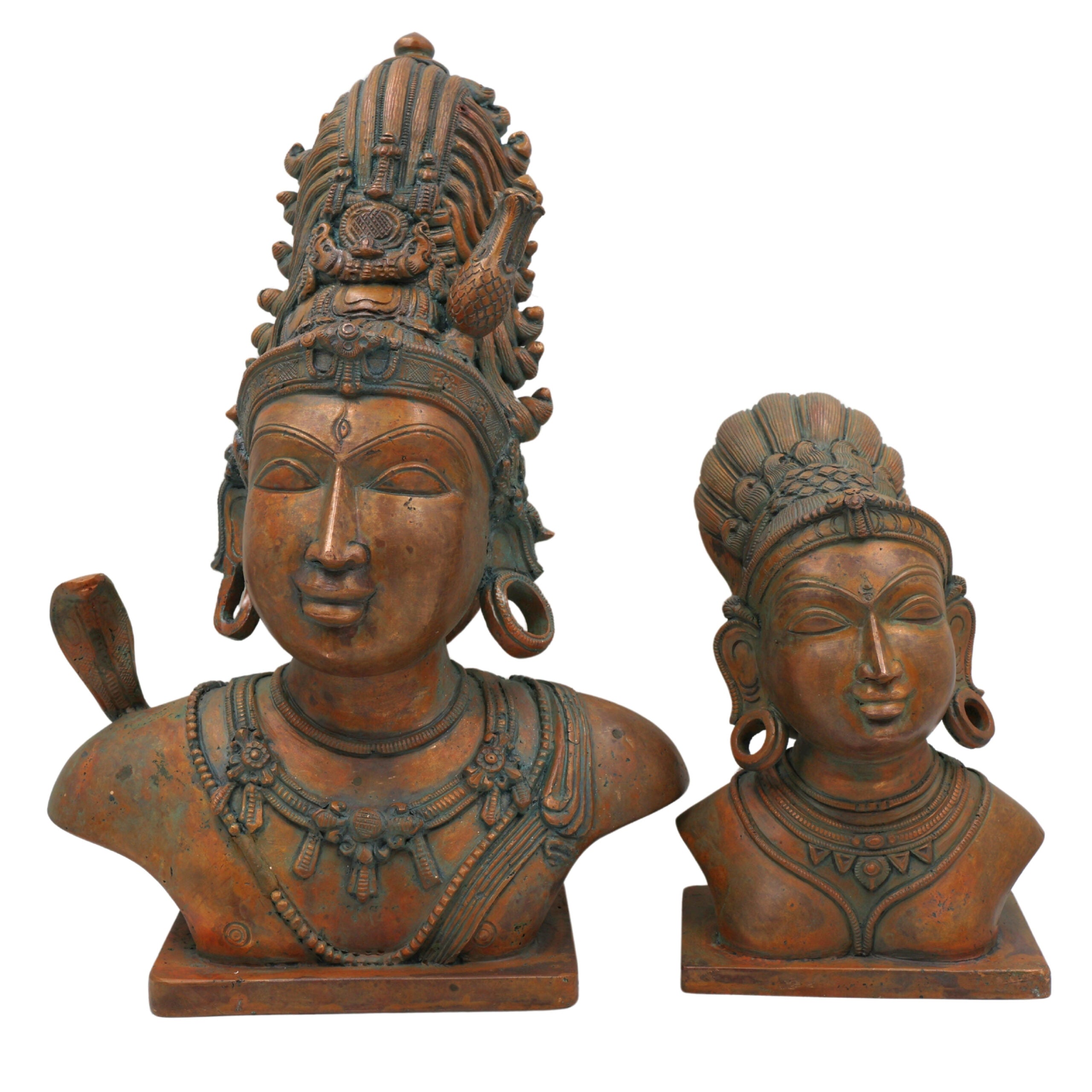 Bronze Handcrafted Shiva Gouri Head Idol | Panchaloha Chola Art Sculpture | Traditional Shiv Parvati Face for Temple & Home Décor, Brown, 13 Inch, 1 Piece