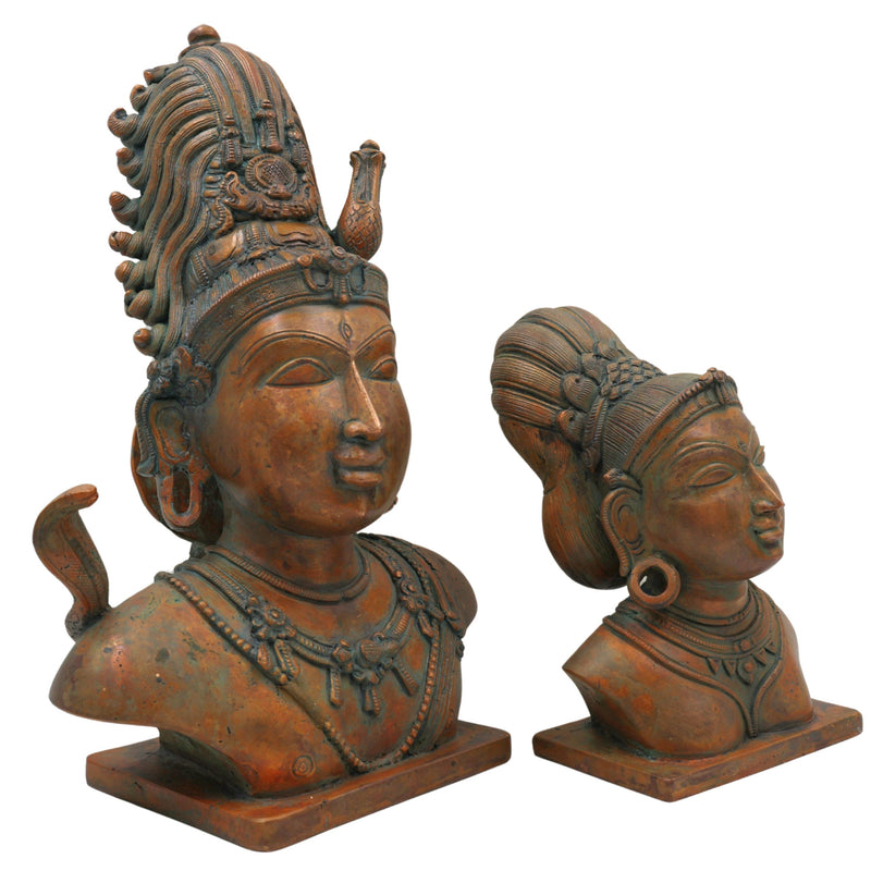 Bronze Handcrafted Shiva Gouri Head Idol | Panchaloha Chola Art Sculpture | Traditional Shiv Parvati Face for Temple & Home Décor, Brown, 13 Inch, 1 Piece
