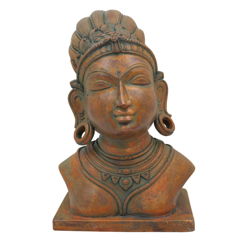 Bronze Handcrafted Panchaloha Gouri Head | South Indian Chola Art Goddess Parvati Face Idol | Traditional Lost Wax Gowri Sculpture, Brown, 7.5 Inch, 1 Piece