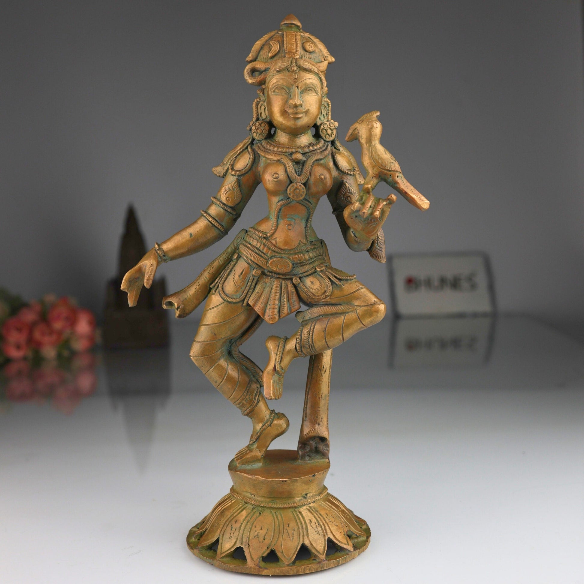 Bronze Handcrafted Panchaloha Dancing Lady Idol, Chola Art Sculpture of Indian Classical Apsara, Devadasi Statue for Home, Temple & Gifting, Brown, 11.5 Inch, 1 Piece