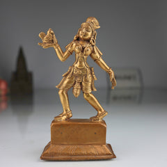 Bronze Handcrafted Panchaloha Dancing Lady Idol | Antique Chola Apsara Sculpture with Parrot | South Indian Temple Art, Gold, 6.5 Inch, 1 Piece