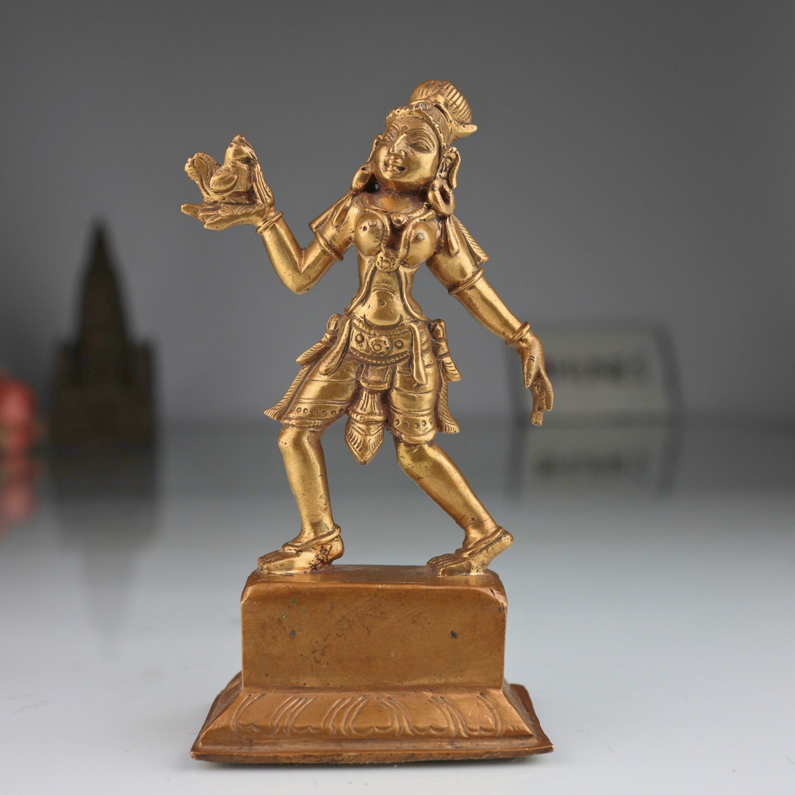 Bronze Handcrafted Panchaloha Dancing Lady Idol | Antique Chola Apsara Sculpture with Parrot | South Indian Temple Art, Gold, 6.5 Inch, 1 Piece