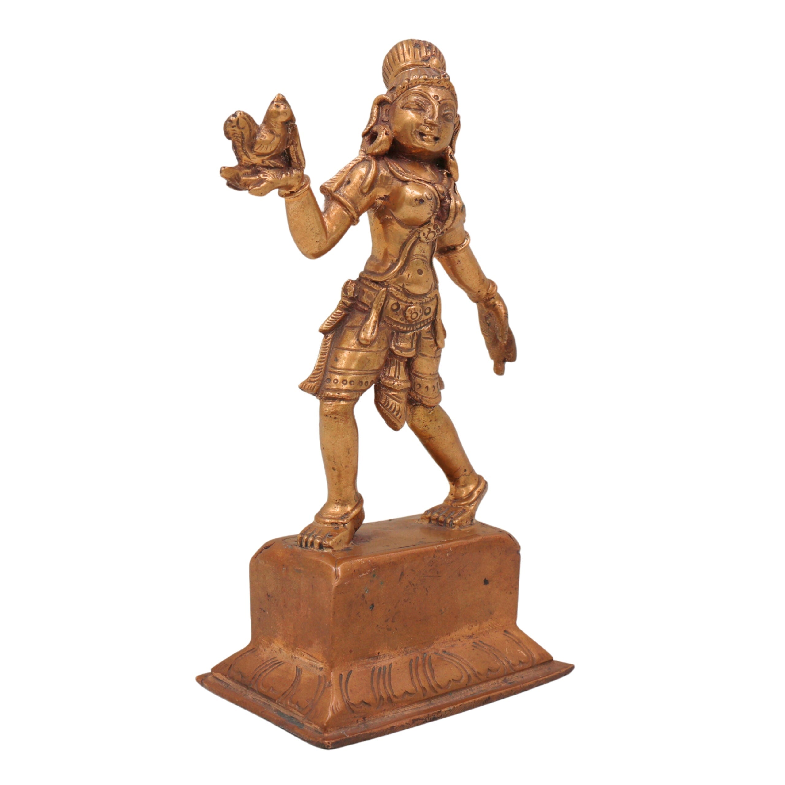 Bronze Handcrafted Panchaloha Dancing Lady Idol | Antique Chola Apsara Sculpture with Parrot | South Indian Temple Art, Gold, 6.5 Inch, 1 Piece
