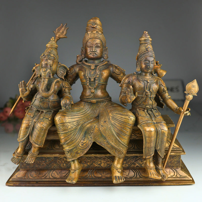 Bronze Handcrafted Panchaloha Shiva Family Idol, Lord Shiva With Ganesha & Karthik Authentic Chola Art Sculpture for Home Temple & Spiritual Decor, Brown, 14 Inch, 1 Piece
