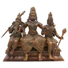 Bronze Handcrafted Panchaloha Shiva Family Idol, Lord Shiva With Ganesha & Karthik Authentic Chola Art Sculpture for Home Temple & Spiritual Decor, Brown, 14 Inch, 1 Piece
