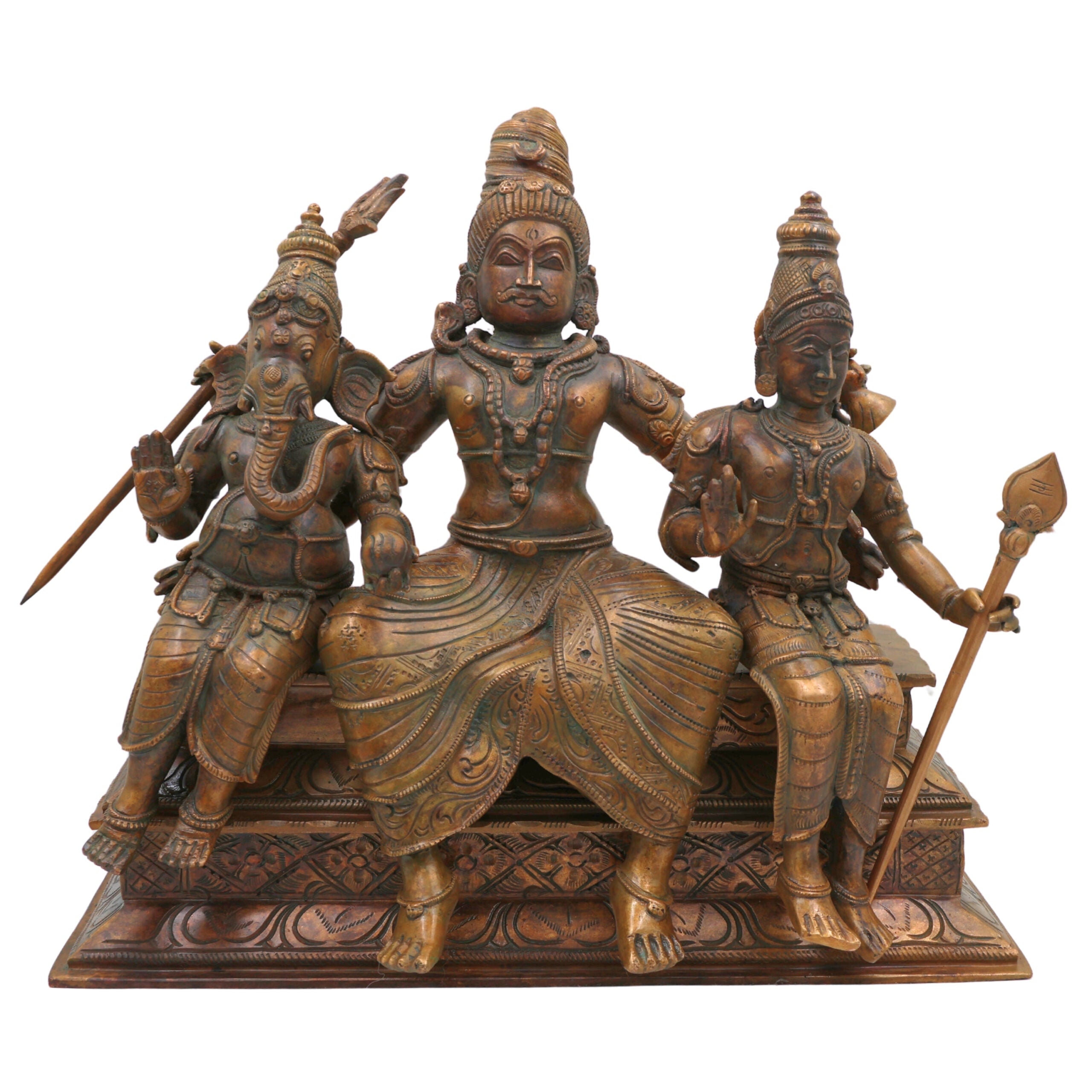 Bronze Handcrafted Panchaloha Shiva Family Idol, Lord Shiva With Ganesha & Karthik Authentic Chola Art Sculpture for Home Temple & Spiritual Decor, Brown, 14 Inch, 1 Piece