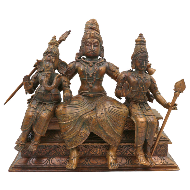 Bronze Handcrafted Panchaloha Shiva Family Idol, Lord Shiva With Ganesha & Karthik Authentic Chola Art Sculpture for Home Temple & Spiritual Decor, Brown, 14 Inch, 1 Piece