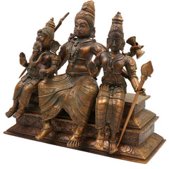 Bronze Handcrafted Panchaloha Shiva Family Idol, Lord Shiva With Ganesha & Karthik Authentic Chola Art Sculpture for Home Temple & Spiritual Decor, Brown, 14 Inch, 1 Piece