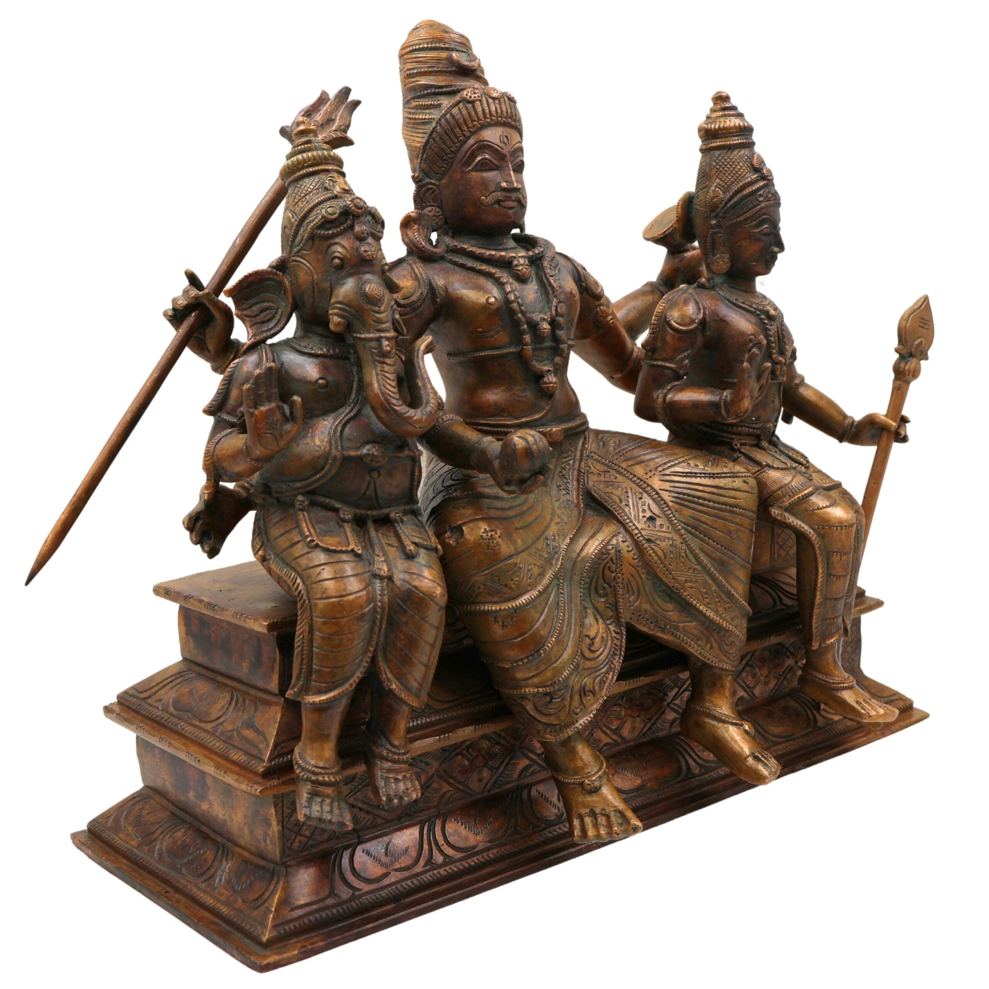 Bronze Handcrafted Panchaloha Shiva Family Idol, Lord Shiva With Ganesha & Karthik Authentic Chola Art Sculpture for Home Temple & Spiritual Decor, Brown, 14 Inch, 1 Piece