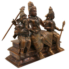 Bronze Handcrafted Panchaloha Shiva Family Idol, Lord Shiva With Ganesha & Karthik Authentic Chola Art Sculpture for Home Temple & Spiritual Decor, Brown, 14 Inch, 1 Piece