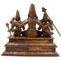 Bronze Handcrafted Panchaloha Shiva Family Idol, Lord Shiva With Ganesha & Karthik Authentic Chola Art Sculpture for Home Temple & Spiritual Decor, Brown, 14 Inch, 1 Piece