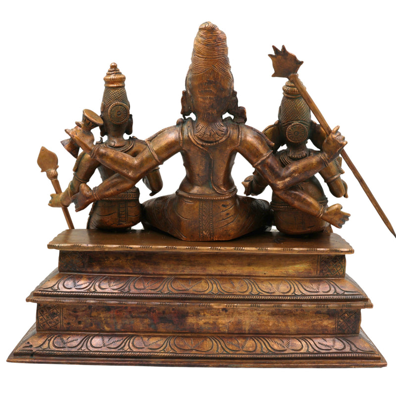 Bronze Handcrafted Panchaloha Shiva Family Idol, Lord Shiva With Ganesha & Karthik Authentic Chola Art Sculpture for Home Temple & Spiritual Decor, Brown, 14 Inch, 1 Piece