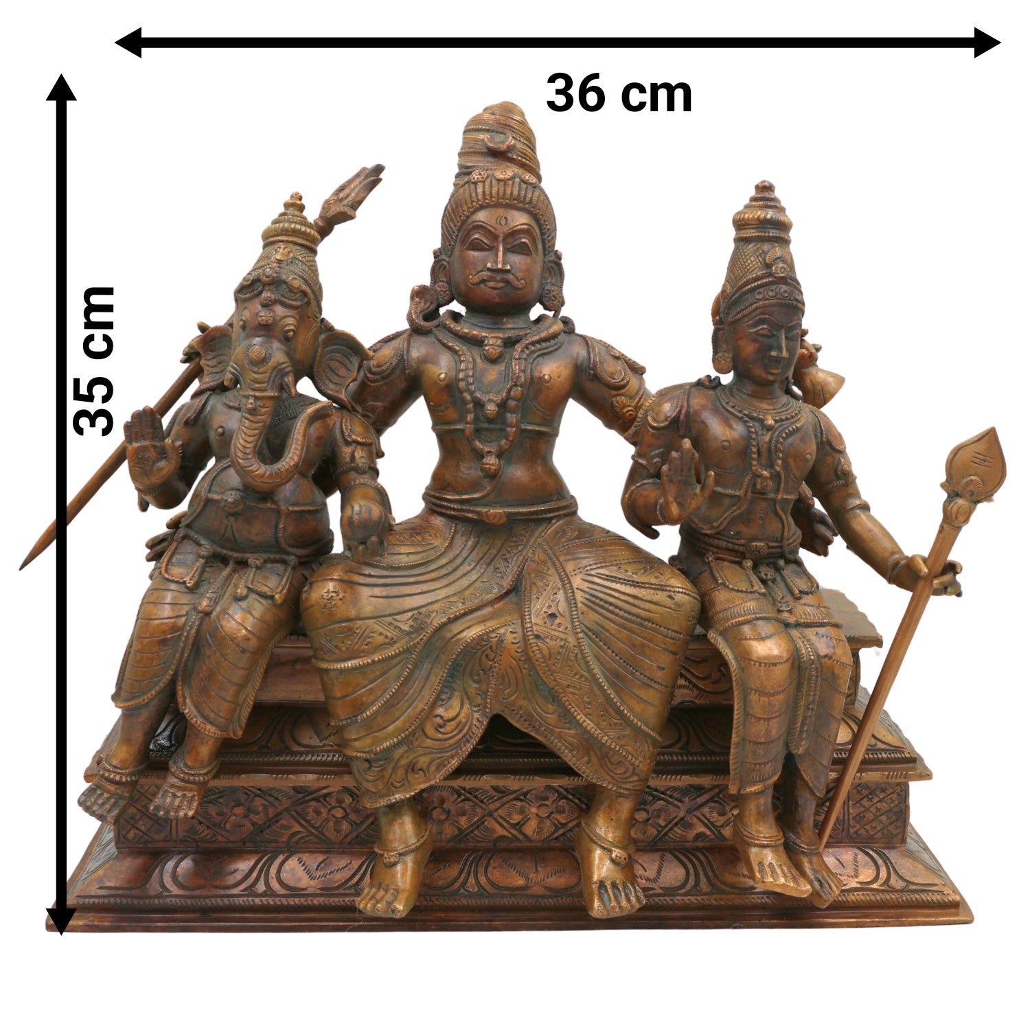 Bronze Handcrafted Panchaloha Shiva Family Idol, Lord Shiva With Ganesha & Karthik Authentic Chola Art Sculpture for Home Temple & Spiritual Decor, Brown, 14 Inch, 1 Piece