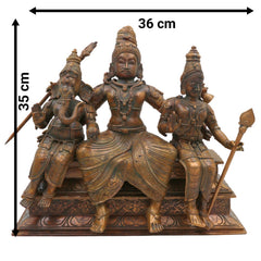 Bronze Handcrafted Panchaloha Shiva Family Idol, Lord Shiva With Ganesha & Karthik Authentic Chola Art Sculpture for Home Temple & Spiritual Decor, Brown, 14 Inch, 1 Piece