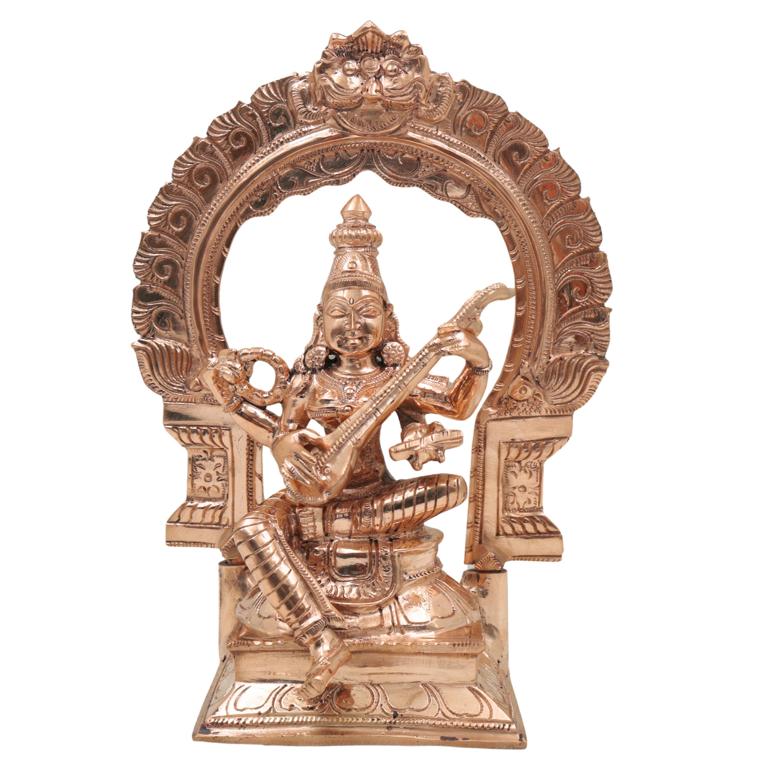 Bronze Handcrafted Panchaloha Saraswathi Idol, South Indian Sarasvati Veenapani Statue for Home, Temple & Vastu Decor, Gold, 9.5 Inch, 1 Piece