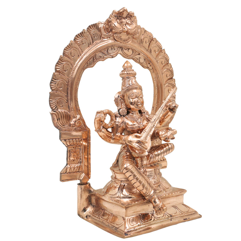 Bronze Handcrafted Panchaloha Saraswathi Idol, South Indian Sarasvati Veenapani Statue for Home, Temple & Vastu Decor, Gold, 9.5 Inch, 1 Piece