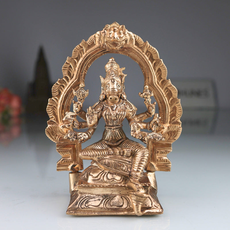 Bronze Handcrafted Panchaloha Varahi Idol, Chola Style Boar-Faced Goddess Sculpture for Pooja & Temple, Gold, 6.5 Inch, 1 Piece
