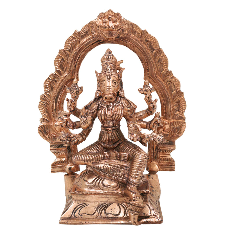 Bronze Handcrafted Panchaloha Varahi Idol, Chola Style Boar-Faced Goddess Sculpture for Pooja & Temple, Gold, 6.5 Inch, 1 Piece
