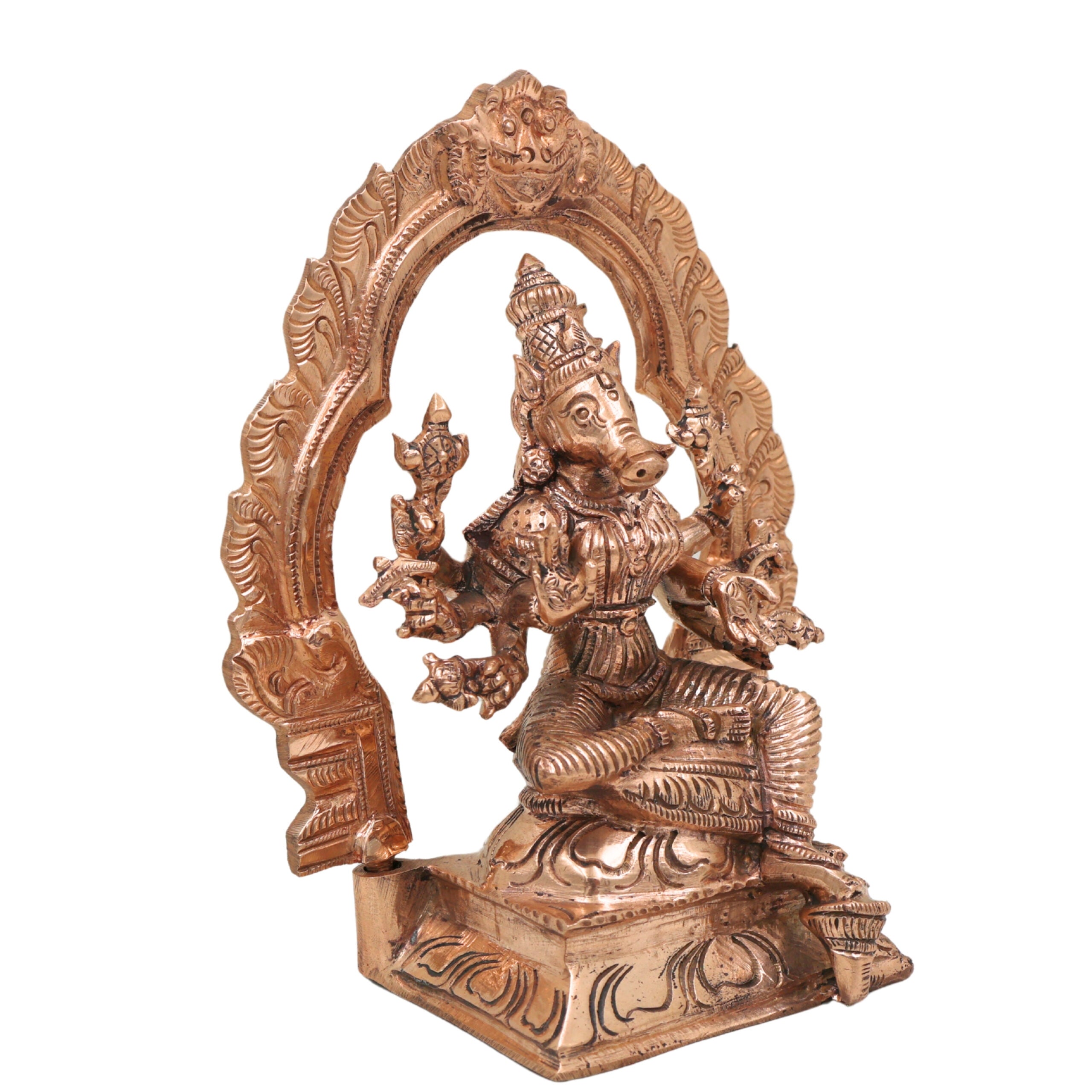 Bronze Handcrafted Panchaloha Varahi Idol, Chola Style Boar-Faced Goddess Sculpture for Pooja & Temple, Gold, 6.5 Inch, 1 Piece