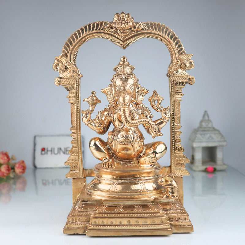 Bronze Handcrafted Panchaloha Ganesha Idol, Traditional Chola Art Vinayaka Murti for Home Temple, Vastu & Spiritual Decor, Gold, 15.5 Inch, 1 Piece