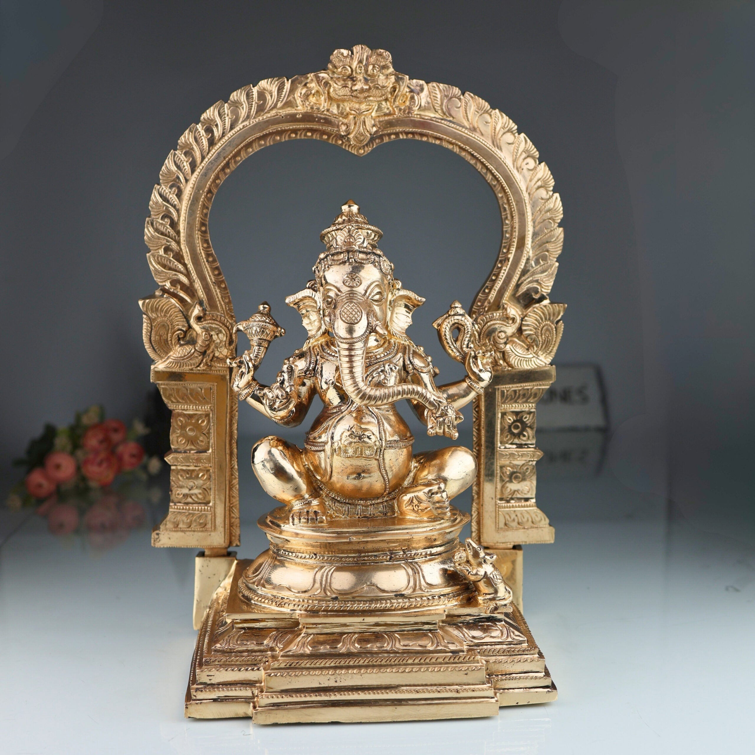 Bronze Handmade Panchaloha Ganesha Idol, Chola Style Vinayaka Murti for Pooja, Home Temple & Gifting, Siddhivinayak Ganpati Statue, Gold, 15.5 Inch, 1 Piece