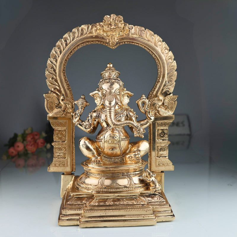 Bronze Handmade Panchaloha Ganesha Idol, Chola Style Vinayaka Murti for Pooja, Home Temple & Gifting, Siddhivinayak Ganpati Statue, Gold, 15.5 Inch, 1 Piece