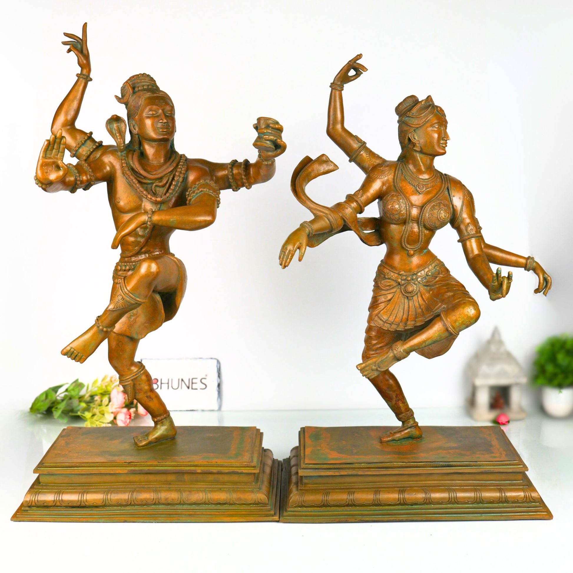 Panchaloha Bronze Dancing Shiva Parvati Idol – Handmade Nataraja Uma Maheshwara Chola Art Statue, Brown, 28.5 Inch, 1 Piece