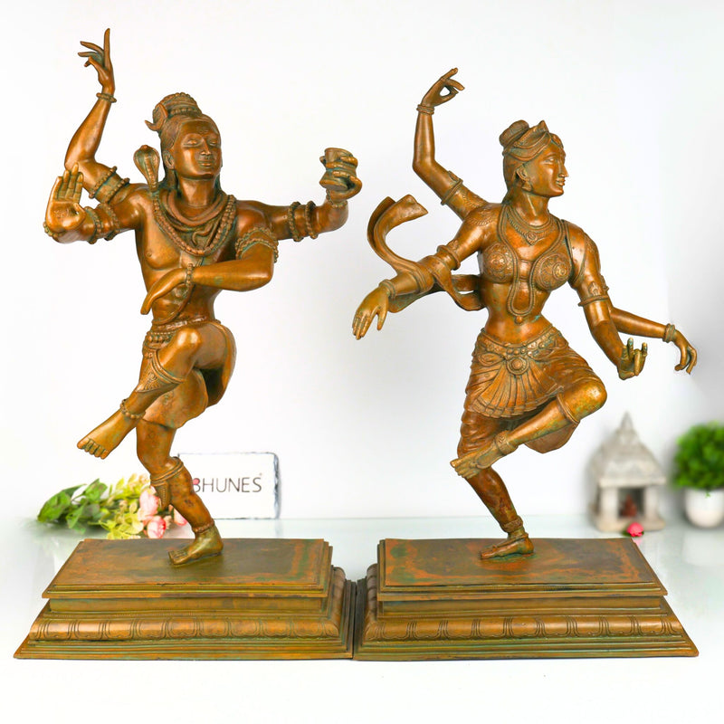 Panchaloha Bronze Dancing Shiva Parvati Idol – Handmade Nataraja Uma Maheshwara Chola Art Statue, Brown, 28.5 Inch, 1 Piece