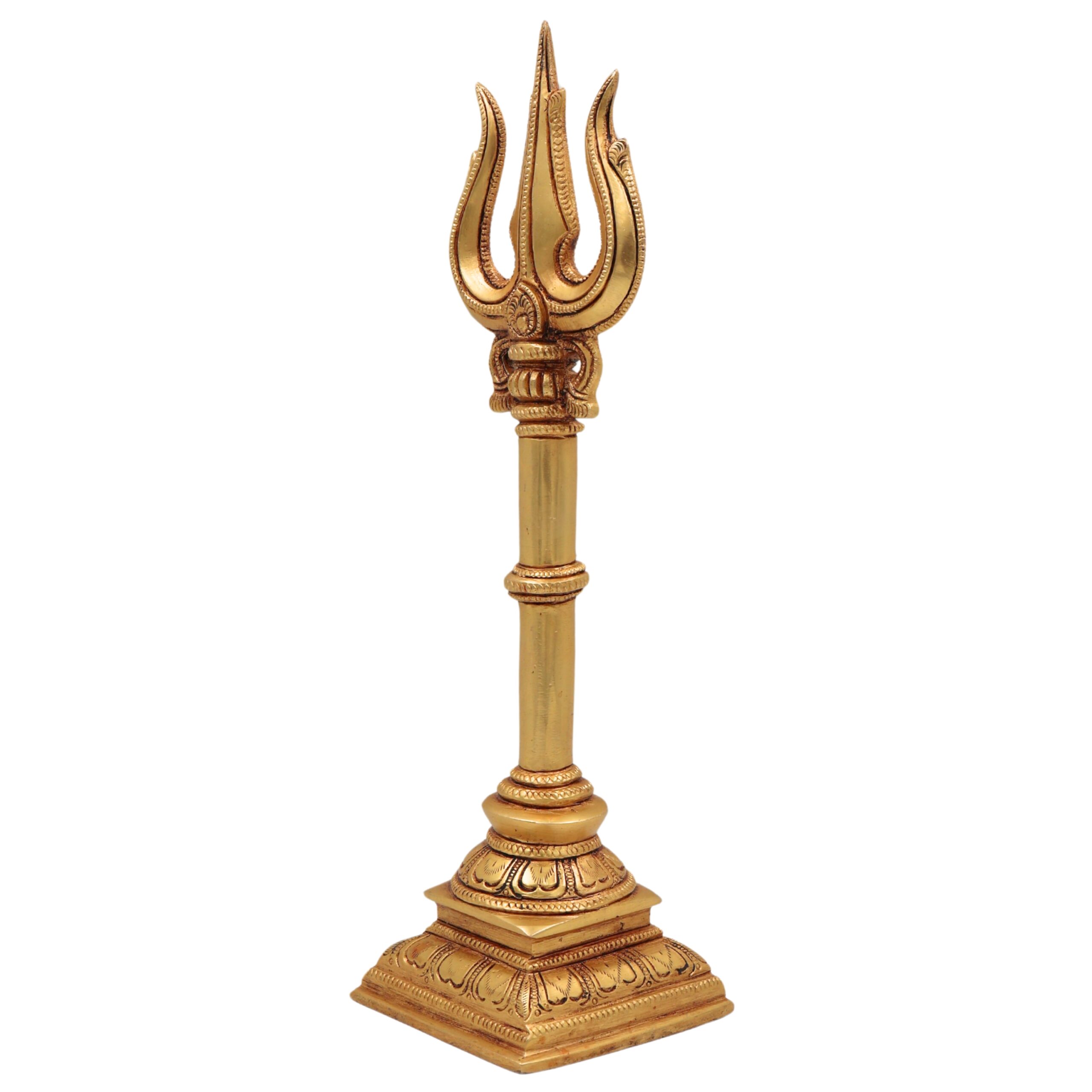Brass Handcrafted Trishul Trident of Shiva - Shoolam Trishula Trishool for Pooja, Wall Decor & Temple | Mahadev Shaiva Hindu Sacred Weapon, Gold, 12 Inch, 1 Piece