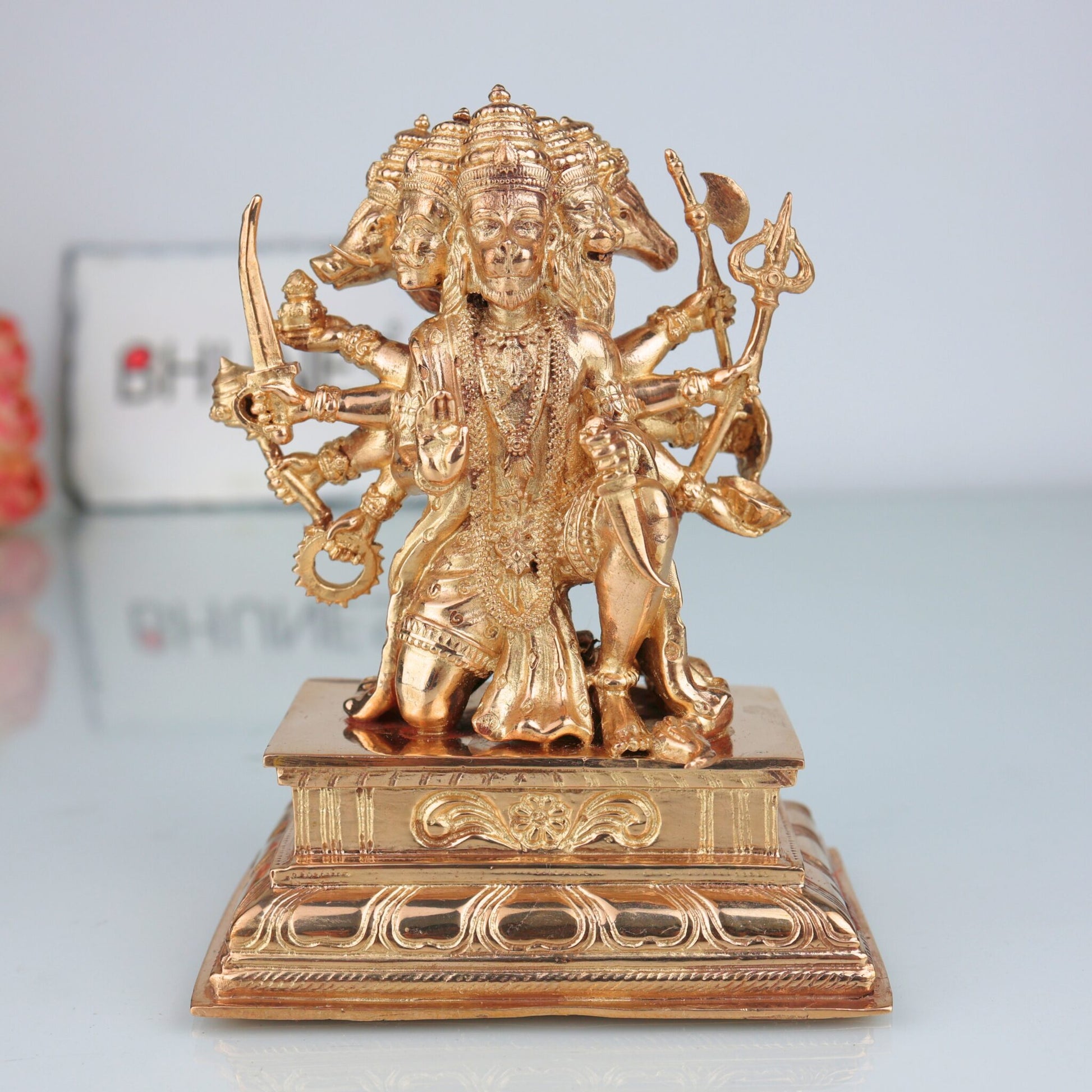 Handcrafted Bronze Panchamukhi Hanuman Idol – Panchamukha Anjaneya | Panchaloha Bajrangbali Murti for Pooja & Temple Decor, Gold, 5.5 Inch, 1 Piece