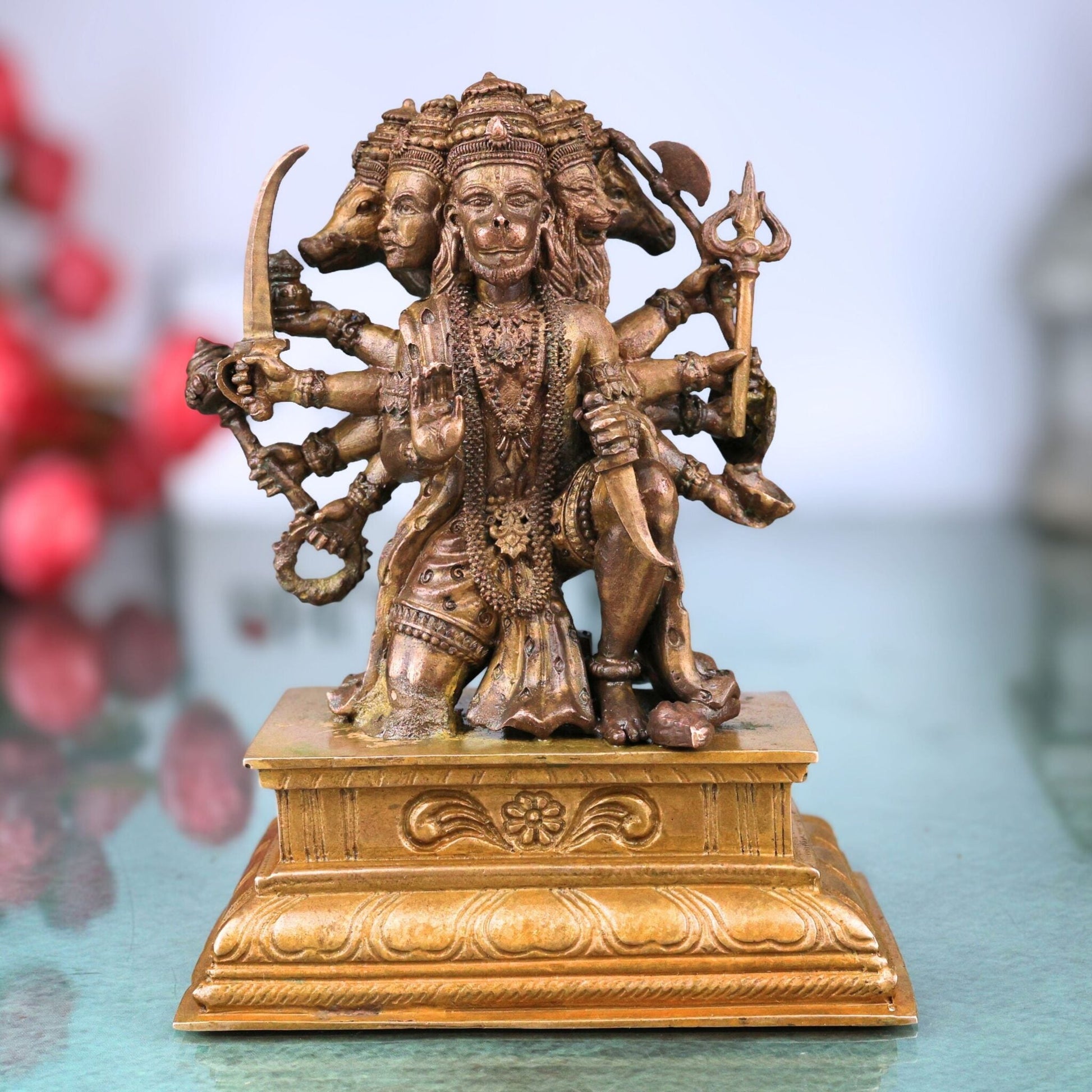 Bronze Panchamukhi Hanuman Idol, Handcrafted Five-Faced Bajrangbali Murti for Pooja, Home Decor, Brown, 5.5 Inch, 1 Piece