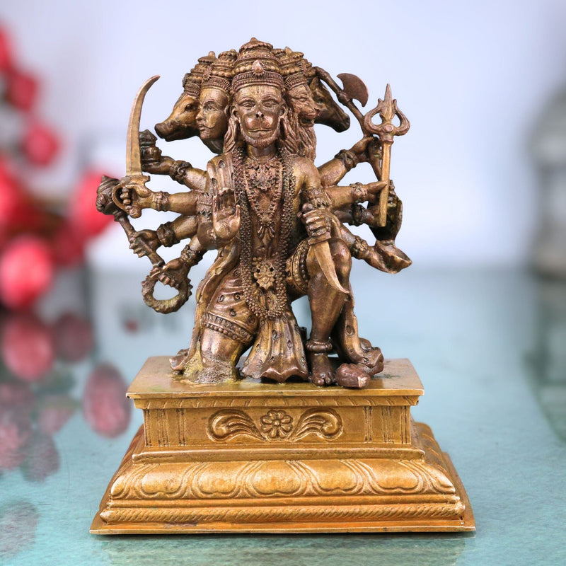 Bronze Panchamukhi Hanuman Idol, Handcrafted Five-Faced Bajrangbali Murti for Pooja, Home Decor, Brown, 5.5 Inch, 1 Piece