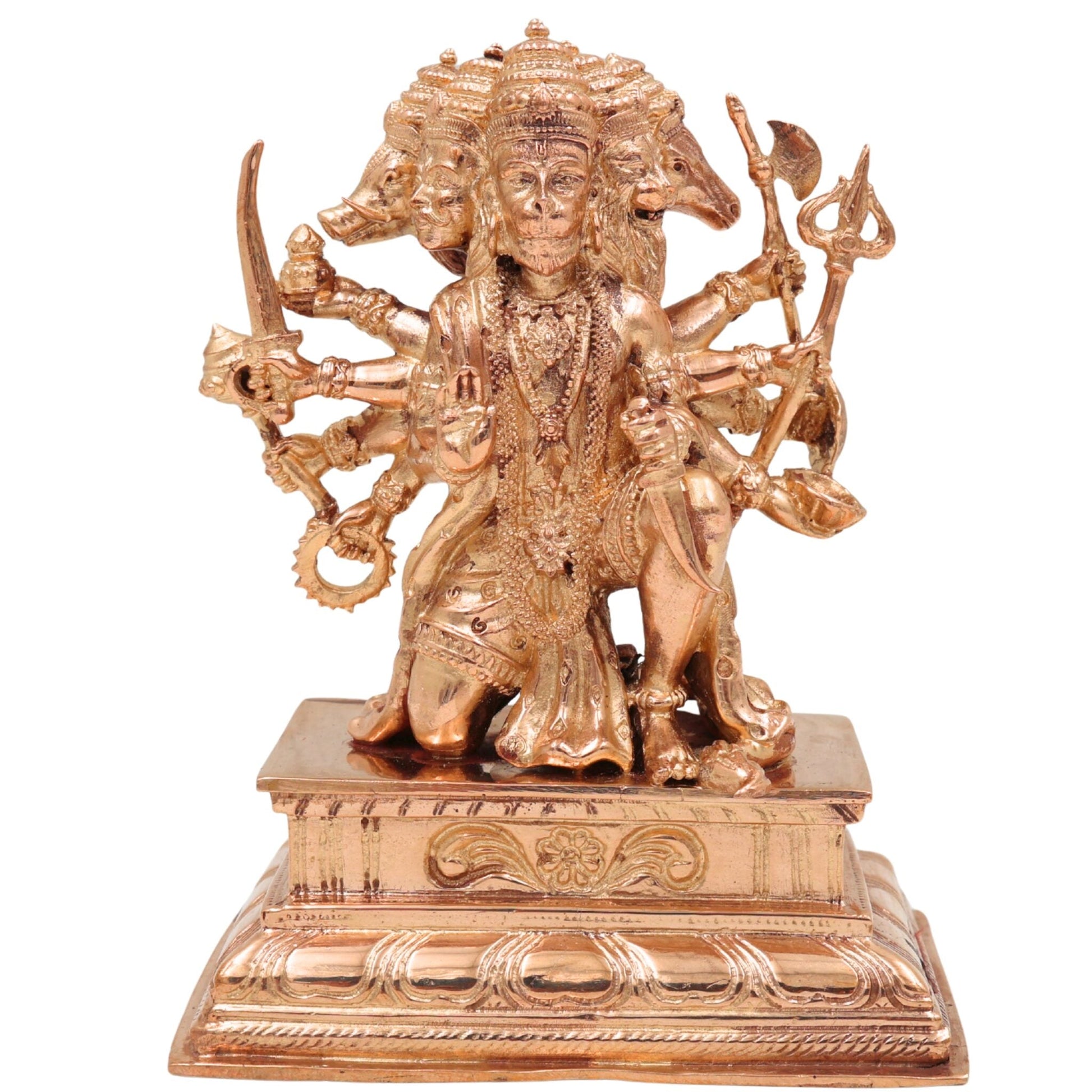 Handcrafted Bronze Panchamukhi Hanuman Idol – Panchamukha Anjaneya | Panchaloha Bajrangbali Murti for Pooja & Temple Decor, Gold, 5.5 Inch, 1 Piece